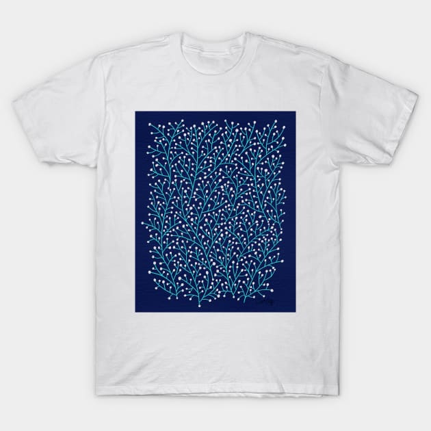 Berry Branches - Navy Turquoise T-Shirt by CatCoq